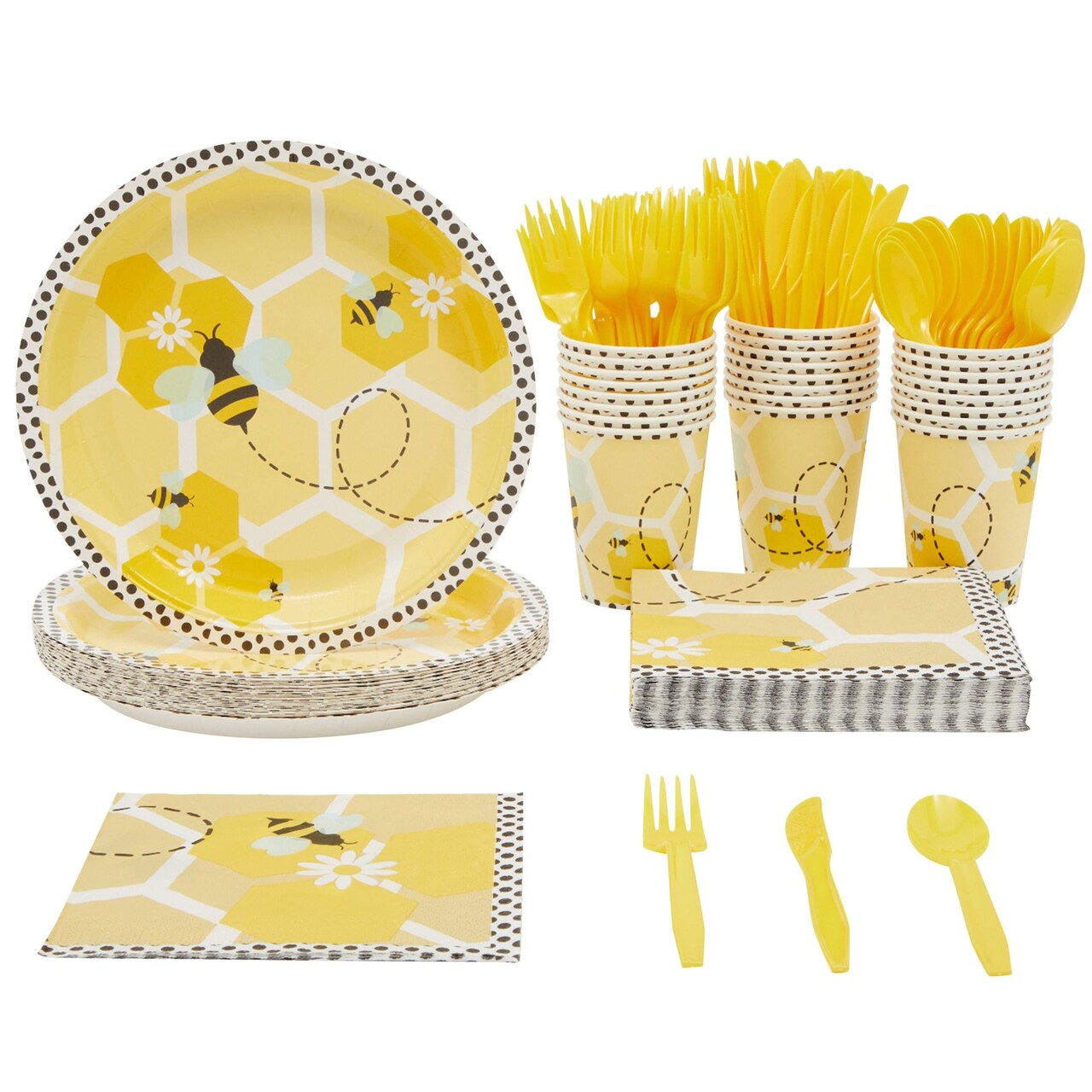 144 Piece Bumble Bee Party Supplies - Serves 24 Party Plates, Napkins,  Cups, and Cutlery for What Will It Bee Gender Reveal Decorations